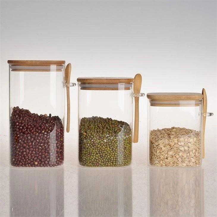 3 Pc Clear Square Glass Storage Jar With Bamboo Lids