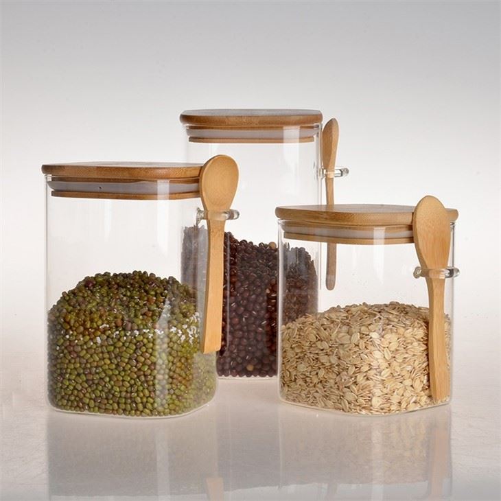 3 Pc Clear Square Glass Storage Jar With Bamboo Lids