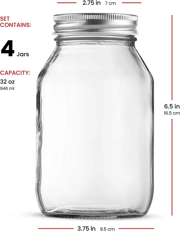 32 Ounce Glass Jars With Silver Metal Airtight Lids